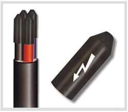 A multi-core cable with each individual core sealed under its own small black cap, red core insulation still visible, beside the separate thick-wall outer cap printed with a white lightning flash.