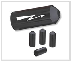 A thick-walled black heat-shrink outer cap printed with a white lightning-flash symbol, standing behind four smaller plain black inner caps.