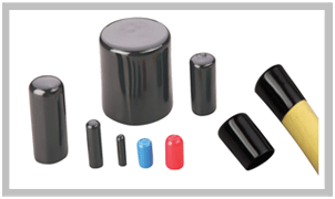 A group of push-on PVC caps in a range of diameters, mostly glossy black with one blue and one red among the small sizes, and one shown pushed onto the end of a yellow rod.